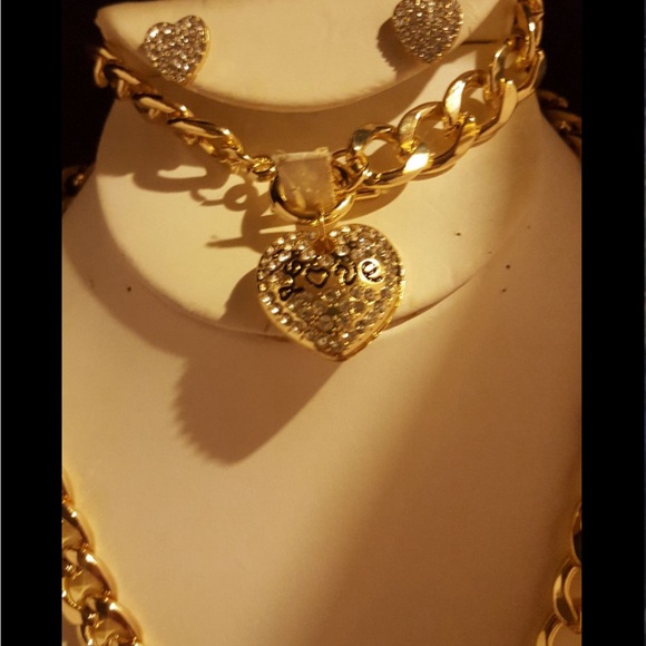 ELEGANT ROSE/GOLD 3PC CRYSTAL LOVE PUFF HEART NECKLACE BRACELET &EARRING 18Kg.p. - Picture 16 of 16